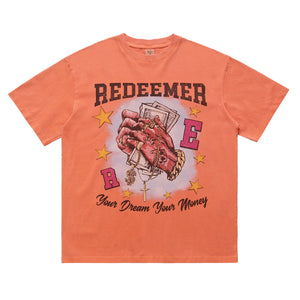 Money slogan t-shirt praying hands top cross print tee in orange