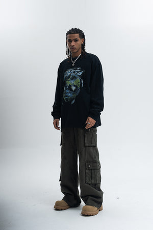 Cyberpunk top long sleeve psychedelic jumper raver print t-shirt in black