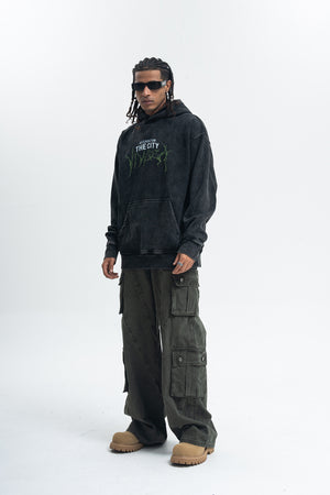 Thunder print hoodie cyberpunk pullover city slogan jumper in acid vintage grey