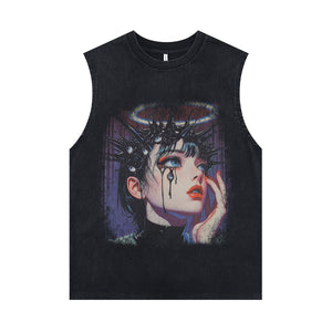 Cute girl sleeveless t-shirt anime cartoon surfer vest 00s grunge Manga tank top in acid wash black