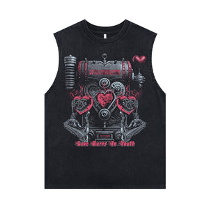 Cyberpunk sleeveless t-shirt love cartoon surfer vest 90s grunge tank top in acid wash black