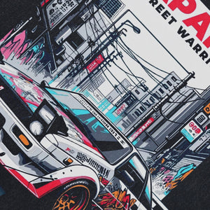 Japanese racing sleeveless t-shirt motorsports surfer vest retro car poster tank top in acid wash black