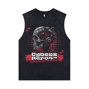 Cyberpunk sleeveless t-shirt skull print surfer vest futuristic bones tank top in acid wash black