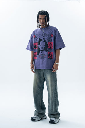 Creepy t-shirt brain slogan tee grunge top in Blue