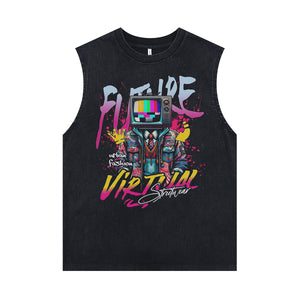 TV print sleeveless t-shirt 80s psychedelic surfer vest raver tank top in acid wash black