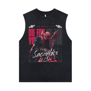 Sacrifice slogan sleeveless t-shirt gothic angel print surfer vest 00s creepy tank top in acid wash black