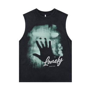 Creepy shadow sleeveless t-shirt gothic print surfer vest 00s grunge tank top in acid wash black