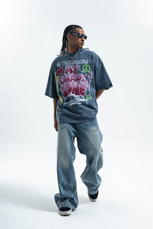 Hippie t-shirt 90s graffiti top motivational slogan tee in grey