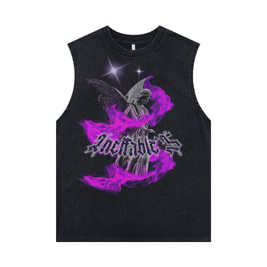 Angel print vintage sleeveless t-shirt neon surfer vest retro religion tank top in acid wash black