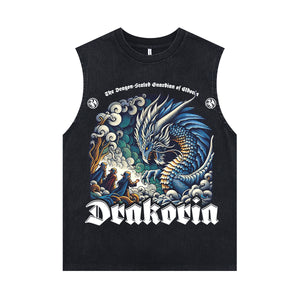 Dragon print sleeveless t-shirt medieval poster surfer vest retro monster tank top in acid wash black