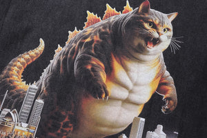 Sydney t-shirt cat print tee creepy cartoon top in vintage grey