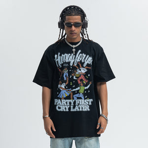 Party slogan t-shirt retro cartoon top 90s tee in black