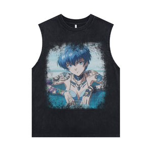 Anime girl cartoon sleeveless t-shirt Japanese surfer vest 00s retro Manga tank top in acid wash black