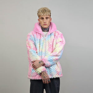 Tie-dye mermaid jacket blue pink reversible fleece hood faux fur bomber retro geometric coat burning man overcoat fluffy golden festival set