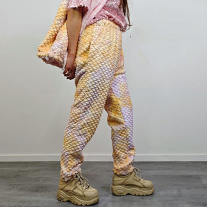 Mermaid joggers orange pink tie-dye fleece pants faux fur rainbow trousers retro geometric overalls fluffy bottoms festival set rave outfit