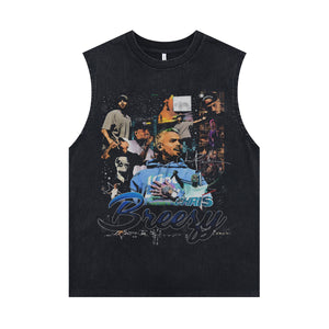Chris Brown sleeveless t-shirt vintage Breezy vest hip-hop tank top in acid wash black
