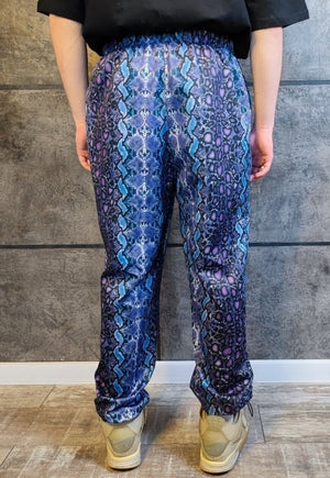 Snake print joggers handmade Tie-dye python overalls blue