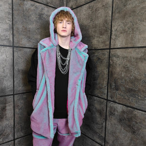 Neon faux fur jacket color changing bomber handmade detachable trench coat fluorescent fleece glowing festival mac in pink electric orange