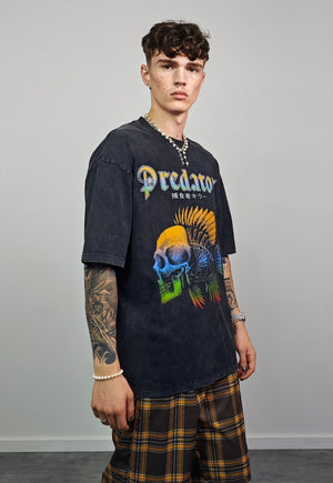 Fish bone t-shirt predator slogan tee retro top vintage grey