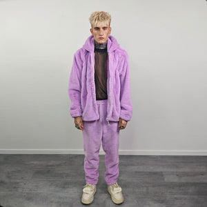 Faux fur hooded coat lilac soft fleece hoodie luxury fluffy jacket detachable sleeves handmade solid color party overcoat fuzzy festival set