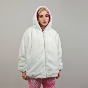 Reversible fleece jacket cream tie-dye bomber pink hood faux fur retro geometric coat detachable sleeve overcoat fluffy golden festival set
