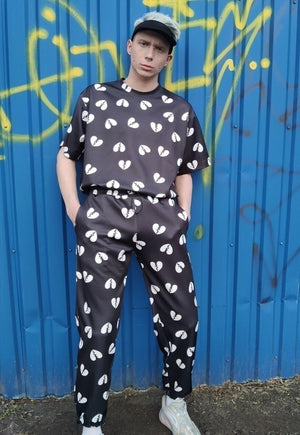 Broken heart joggers handmade Love cartoon overalls black