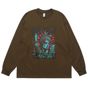 Statue of Liberty jumper creepy American top long sleeve USA t-shirt in brown
