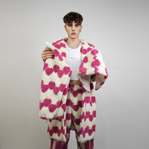 Heart fleece coat longline fluffy trench love pattern overcoat romantic bomber festival jacket Burning man customizable peacoat pink cream