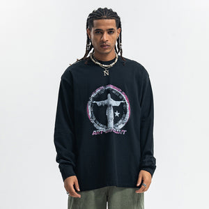 Saint print long sleeve top neon graffiti jumper grunge religion t-shirt in black