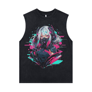 Anime cartoon sleeveless t-shirt Japanese girl poster surfer vest 00s Manga tank top in acid wash black
