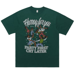 Party slogan t-shirt retro cartoon top 90s tee in black