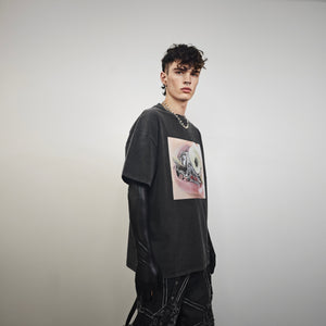 Crooked teeth t-shirt braces print tee hip-hop top acid grey