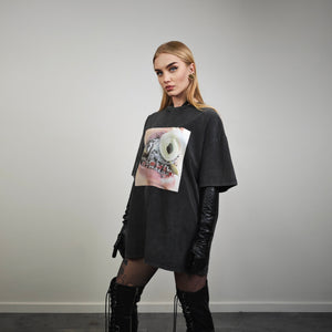 Crooked teeth t-shirt braces print tee hip-hop top acid grey