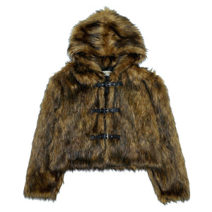 Brown faux fur hooded jacket buckle closure cropped fluffy bomber fuzzy rave coat Coachella pullover