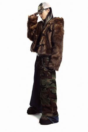 Brown faux fur hooded jacket buckle closure cropped fluffy bomber fuzzy rave coat Coachella pullover