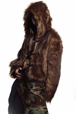 Brown faux fur hooded jacket buckle closure cropped fluffy bomber fuzzy rave coat Coachella pullover