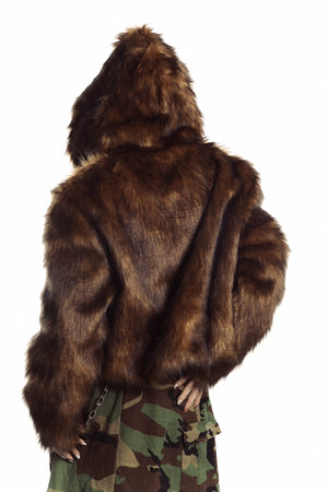 Brown faux fur hooded jacket buckle closure cropped fluffy bomber fuzzy rave coat Coachella pullover