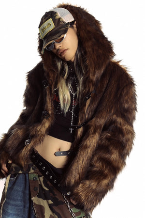 Brown faux fur hooded jacket buckle closure cropped fluffy bomber fuzzy rave coat Coachella pullover