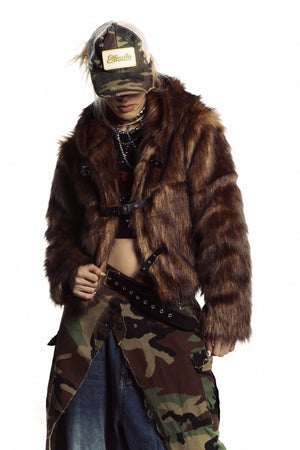 Brown faux fur hooded jacket buckle closure cropped fluffy bomber fuzzy rave coat Coachella pullover