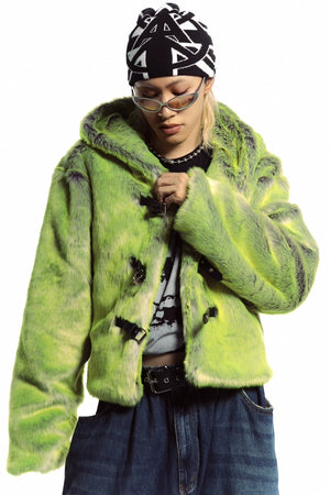Neon faux fur hooded jacket green cropped luminous bomber fuzzy rave coat burning man pullover