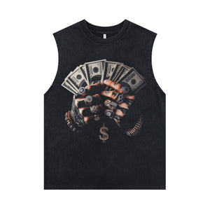 Hip-hop sleeveless t-shirt money print surfer vest 00s gangster tank top in acid wash black