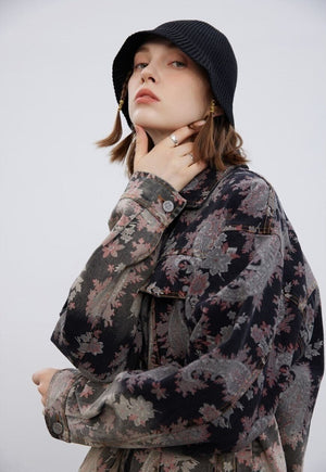 Paisley denim jacket tie-dye Floral jean blazer in brown