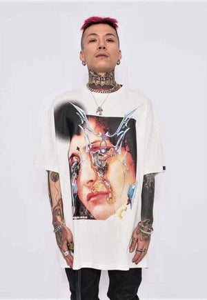 Raver face print tee grunge graffiti t-shirt anime top white