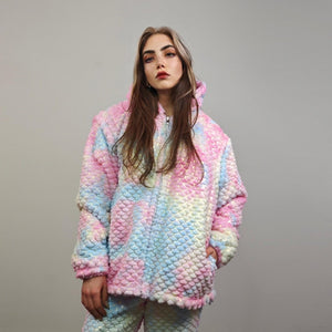Tie-dye mermaid jacket blue pink reversible fleece hood faux fur bomber retro geometric coat burning man overcoat fluffy golden festival set