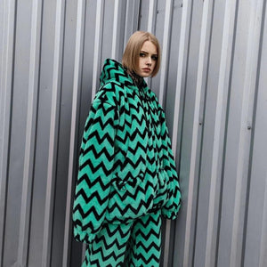 Zigzag fleece jacket green hooded geometric bomber luxury grunge coat detachable sleeves handmade stripe pattern overcoat fuzzy festival set