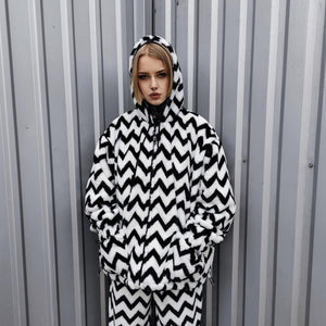 Zigzag fleece jacket hooded geometric bomber luxury grunge coat detachable sleeves handmade stripe pattern overcoat fuzzy festival set white