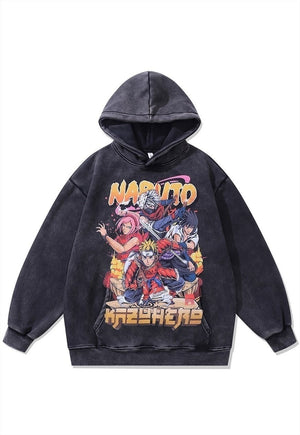 Anime hoodie vintage wash pullover jumper in grey