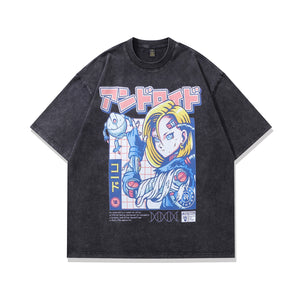 Anime girl t-shirt android cartoon tee Japanese top in vintage grey