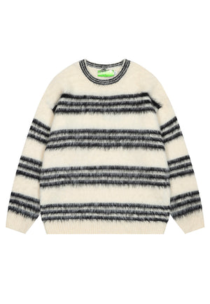 Striped fluffy sweater cream hairy jumper retro fuzzy top