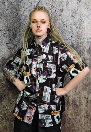 Pop culture shirt short sleeve magazine graffiti top black